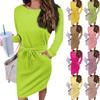 Женское повседневное модное сексуальное платье с круглым вырезом и длинным рукавом на талии, однотонное платье