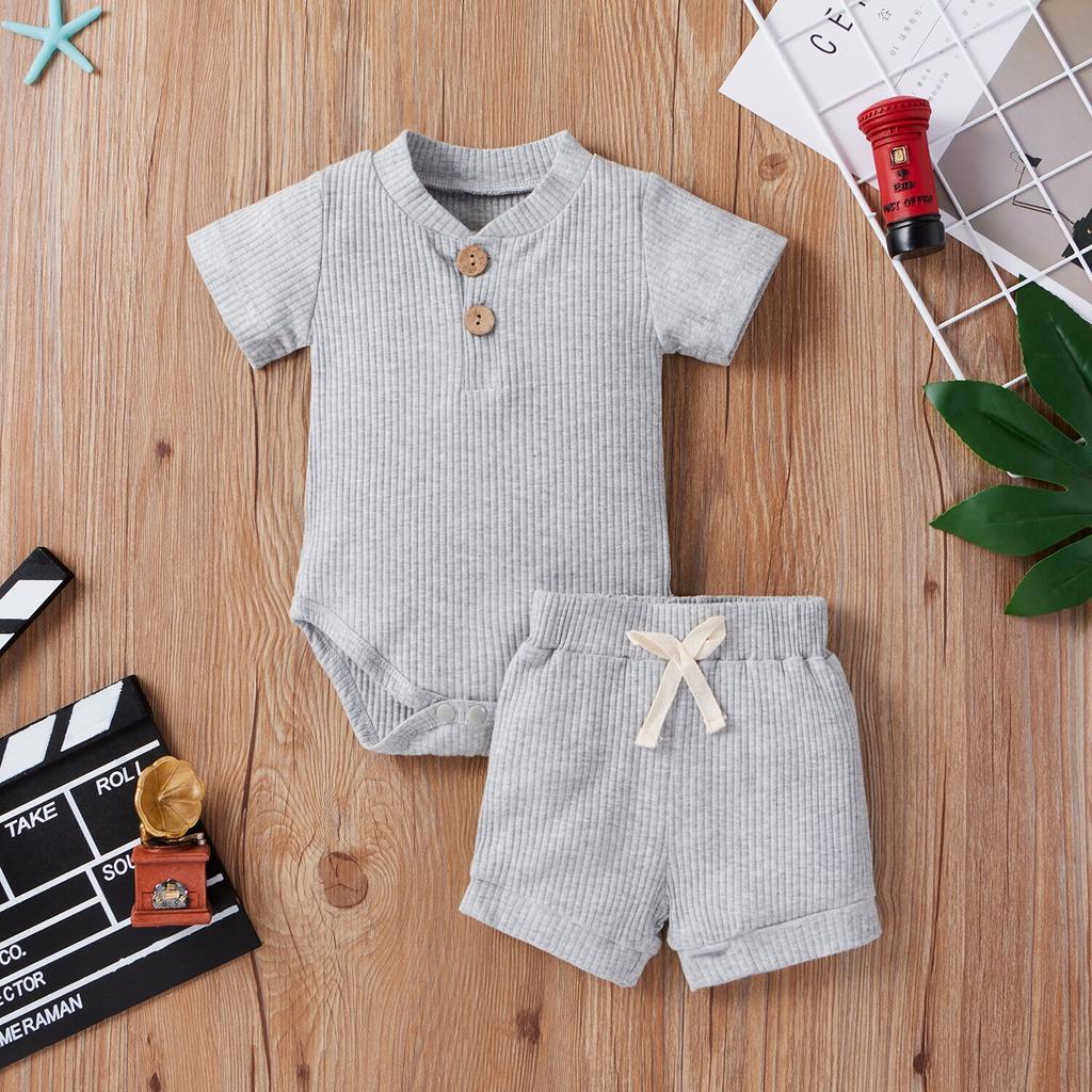2Pcs Unisex Baby Summer Outfits, Solid Color Ribbed Stand Collar Short Sleeves Romper + Elastic Waist Shorts for Toddler