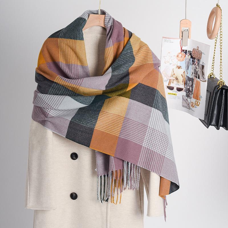 Korean Version New Rainbow Splicing Color Plaid Shawl Female Male Imitation Cashmere Long Scarf Women Men Warm Tassel Muffler