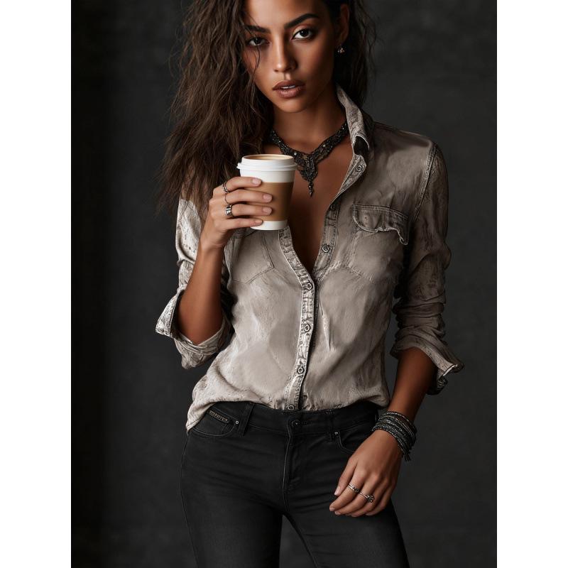 2026 Retro Long Sleeve Women's Casual Lapel Shirt with Pockets
