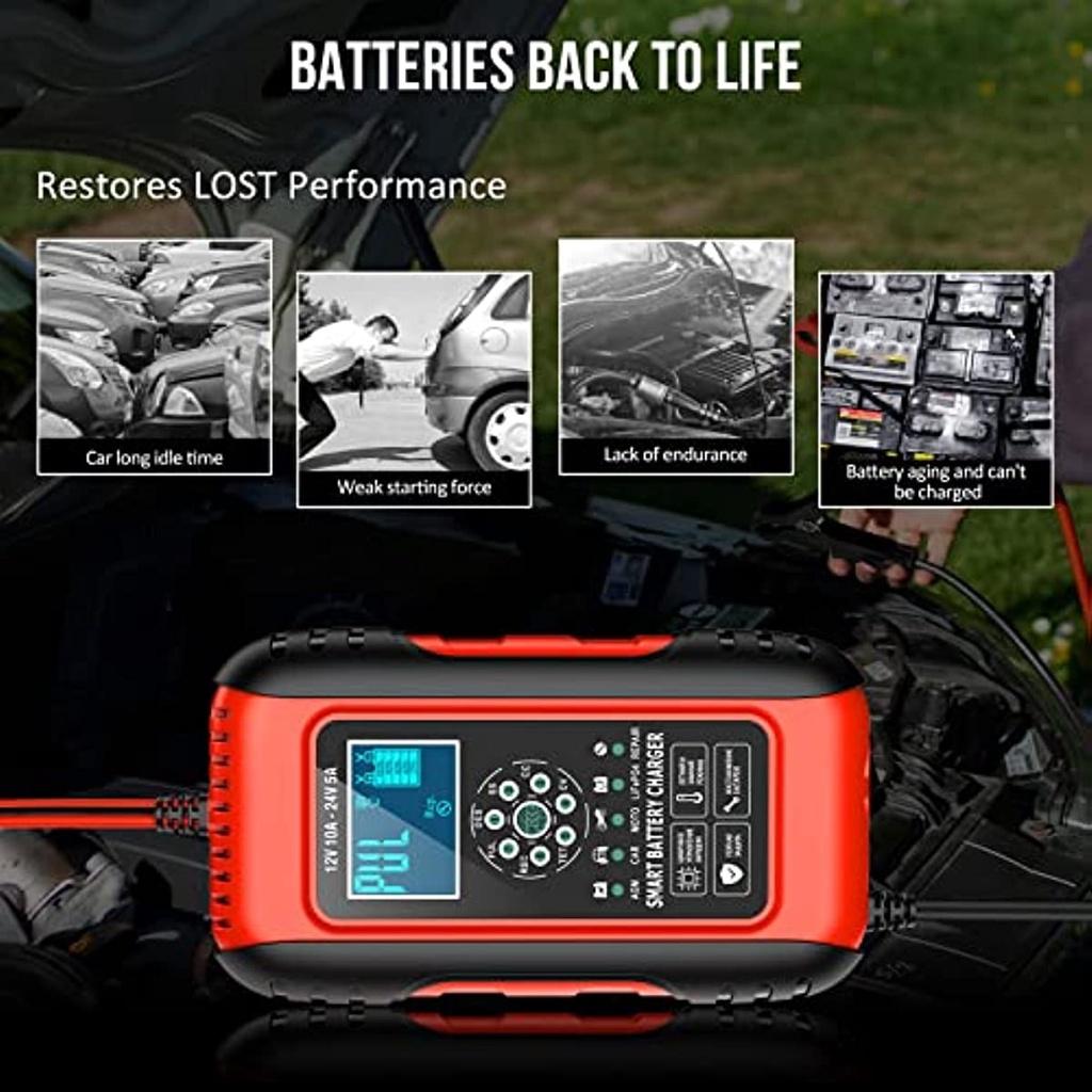 Автомобильное зарядное устройство на 10 А. Автомобильное зарядное устройство на 12 В/24 В. Полностью автоматическое интеллектуальное зарядное устройство с сенсорным ЖК-экраном для автомобиля, мотоцикла, газона.