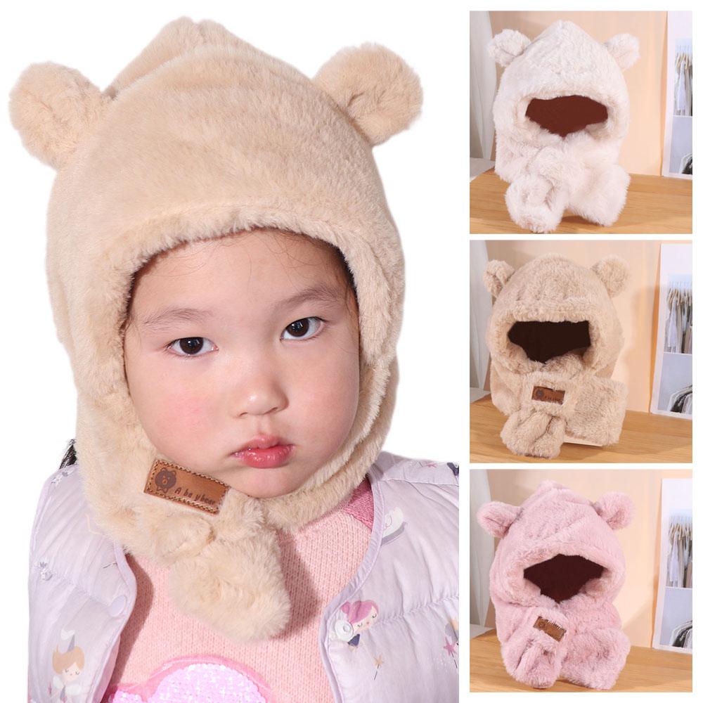 Soft Warm Baby Bear Plush Hat Winter Ear Protection Hats Lovely One-Piece Hat Scarf Kids
