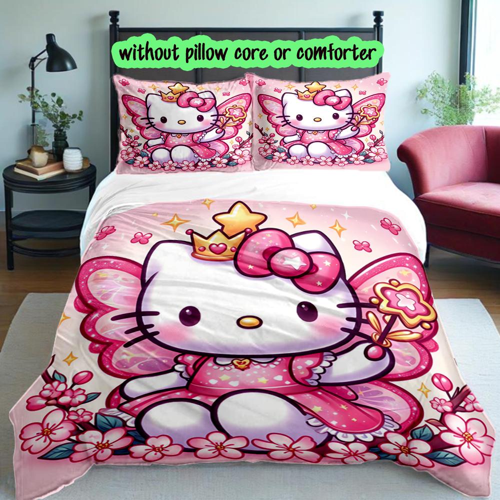 [3pcs Romantic Bedding Set] Hello Kitty Print Duvet Cover, Soft Breathable Bedding Set For Bedroom Guest Room School Dorm Decor