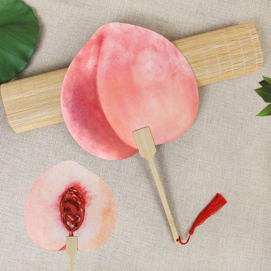 Fruit Print Fan with Wooden Long Handle Portable Lightweight Outdoor Travel Camping Picnic Summer Handheld Round Paper Fan