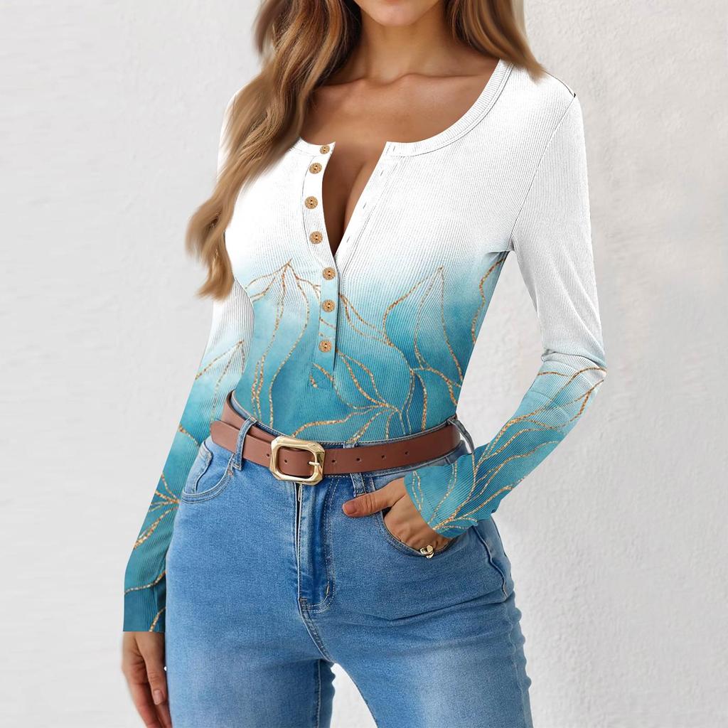 Women's Slim Bottom T-shirt Fashion Casual Gradient Printing Round Neck Pullover Long Sleeve Top