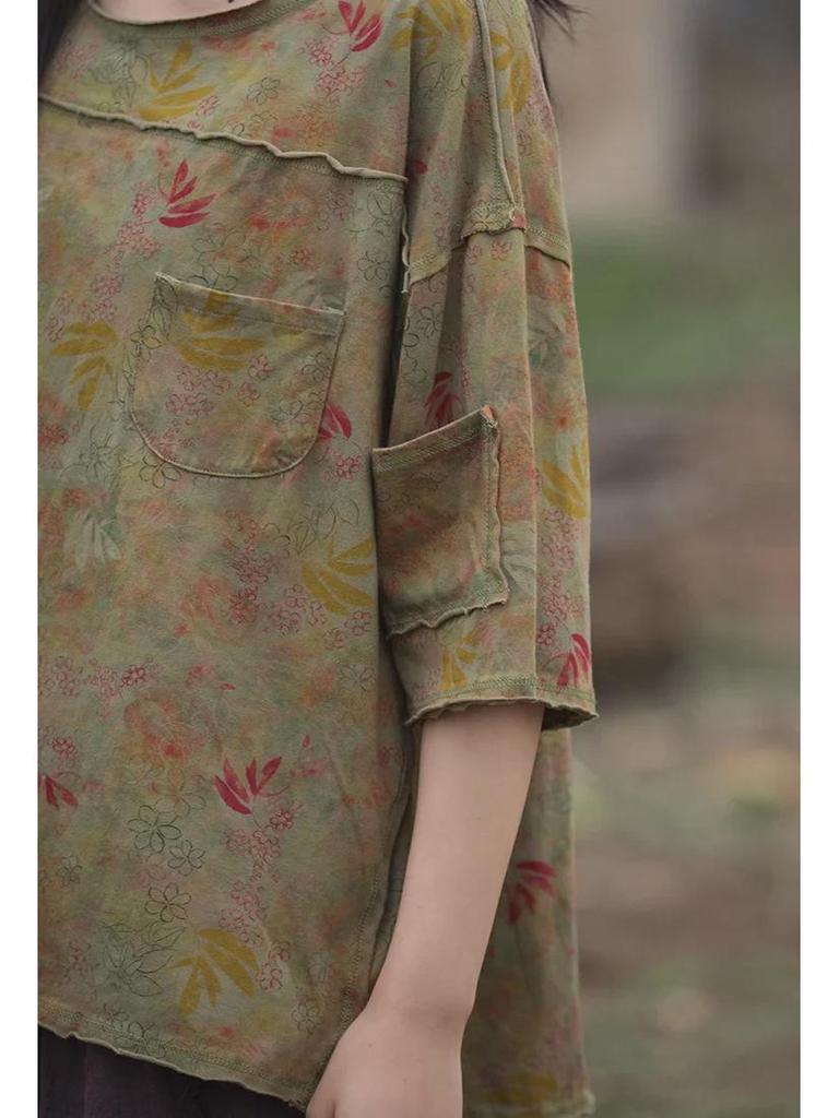 Женская футболка с коротким рукавом из хлопка и льна с пескоструйной обработкой в винтажном стиле