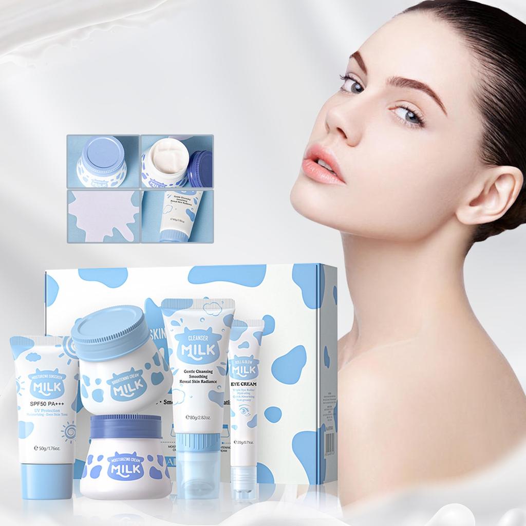 Facial Care Set, Milk Skin Care Set 5 Piece Set Deep Moisturizing And Rejuvenation Set Cream Cleanser Serum
