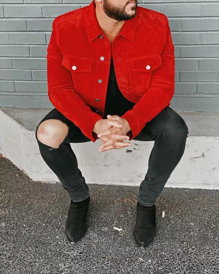Дизайнерская вечерняя красная куртка из овчины ручной работы из замши для мужчин из натуральной кожи, стильная