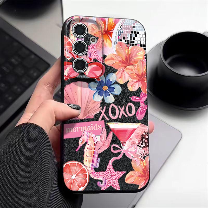 Розовый Чехол с Мультяшным Цветочным Рисунком для Samsung Galaxy A57 A56 A55 A54 5G A37 A36 A35 A34 A17 A16 A15 A14 Силиконовый Чехол с Текстурой Кожи