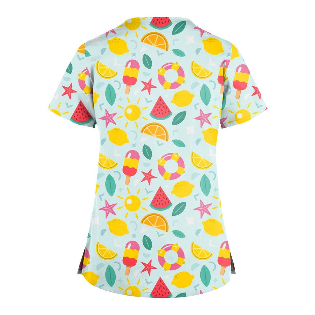 Plus Size Cute Printed Scrub Working Uniform Tops For Women Cross V-Neck Short Sleeve Fun T-Shirts Workwear Tee with Double Pockets