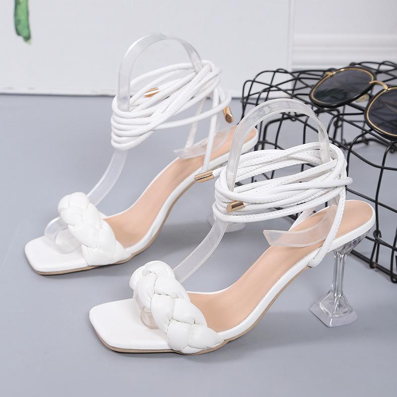 Fashion High Heel Sandals 2024 Summer New European and American Large Sizes 35-43 Sexy Beauty Crystal Heel Strap Casual Sandals