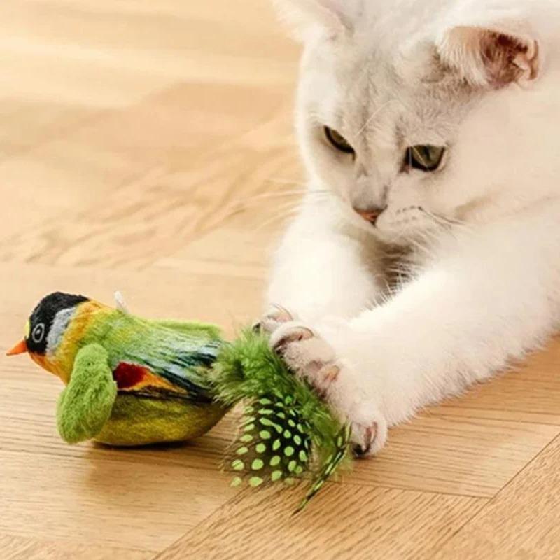 Chirping Bird Cat Toy Interactive Flapping Wings Plush Bird Toy, Elastic Rope To Relieve Boredom and Resist Scratching and Biting