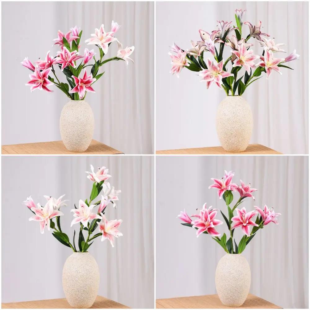 Realistic 3 Heads Lily Artifiical Flowers Multicolor Double Layers Artificial Flower PU Washable Fake Plants Wedding Supplies