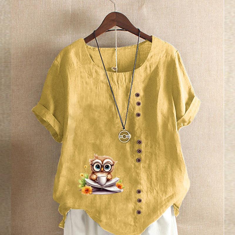 Women's Fashion Owl Reading Prined Short Sleeve T-shirt Loose Cotton Shirt Casual Loose Summer Blouse Tops Plus Size