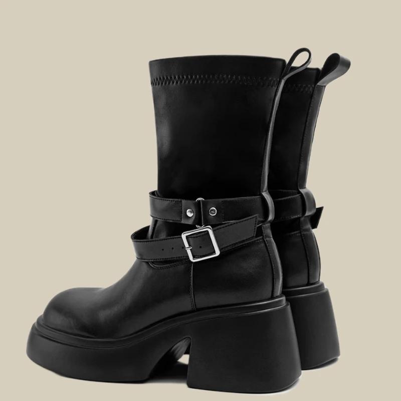 Платформа Женские Ботинки Челси До Середины Икры Новые Зимние Туфли На Среднем Каблуке Массивные Мотоциклетные Ботинки Вечеринка Готика Снежные Туфли-лодочки Mujer Botas