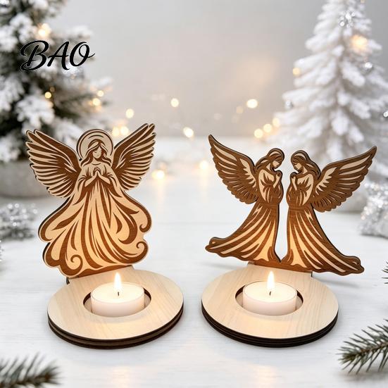 Desktop Decorative Crafts Wooden Candle Holder, Praying Angel Tabletop Tealight Stand, Religious Christmas Atmosphere Supplies Candlestick for Mantel,