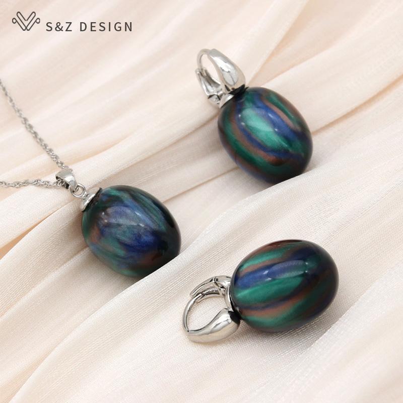 Stylish Egg Shape Oval Resin Colorful Beads Drop Earrings Jewelry Sets For Women Wedding Party Elegant Fashion Rose Gold Color Necklace