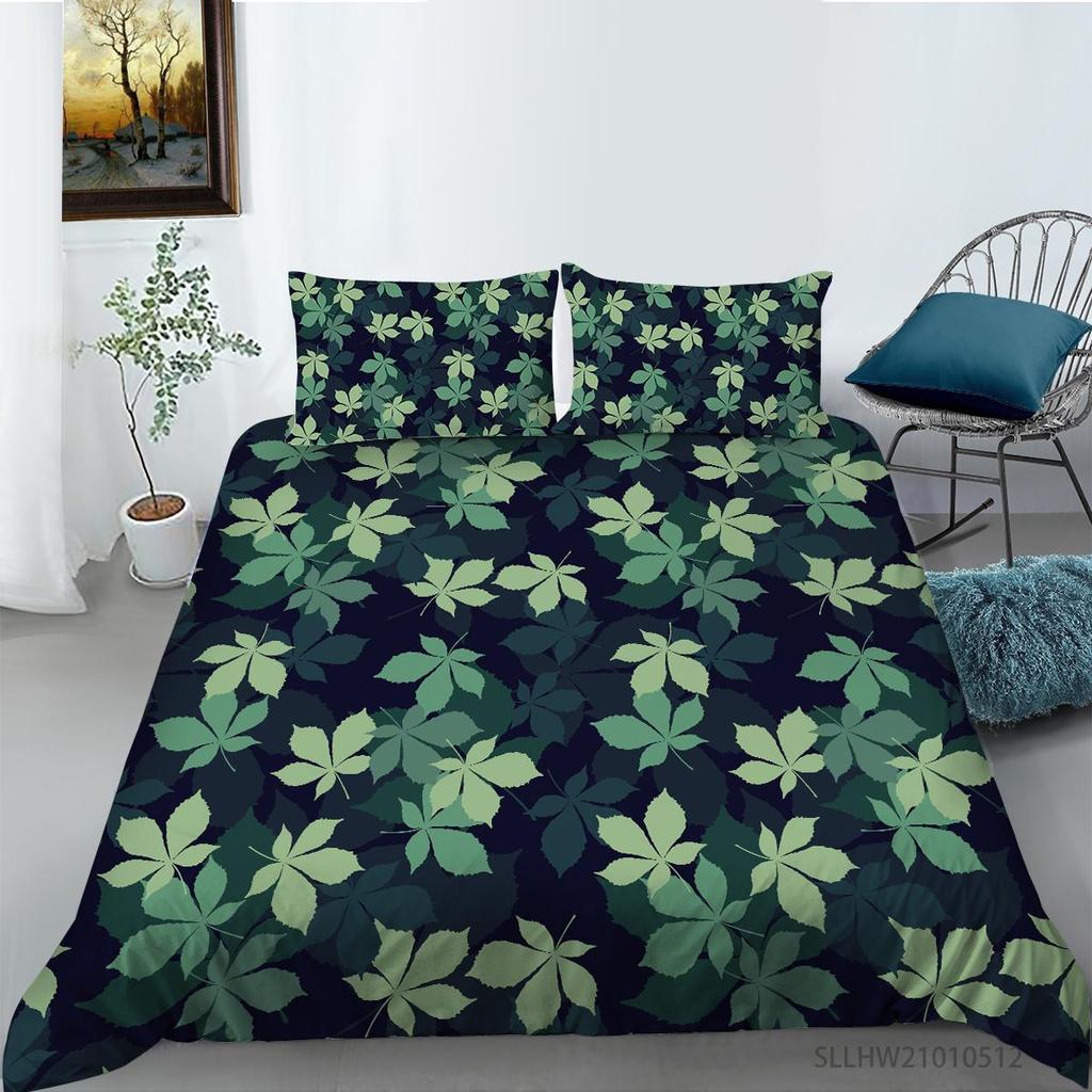 3D Green Leaf Bedding Plant Down Quilt Cover and Pillowcase 2 or 3 Pieces of Microfiber Fabric with Zipper Washable Super Soft Home Decoration