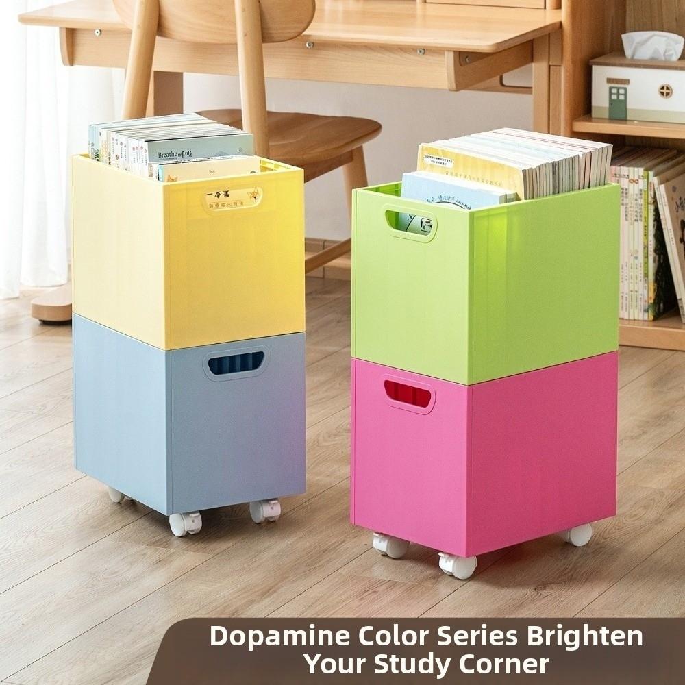 Large Capacity Mobile Bookshelf with Pulley Wheels Stackable Foldable Storage Box Dual Side Handles Fixed Brake