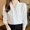 Long Sleeve V-Neck Office Lady White Chiffon Blouse Shirt Women Tops J211
