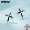 WOSTU Винтажные серьги-гвоздики из стерлингового серебра 925 пробы с крестом для женщин, крутые черные серьги-гвоздики с цирконием в стиле панк, модные украшения, подарок на вечеринку