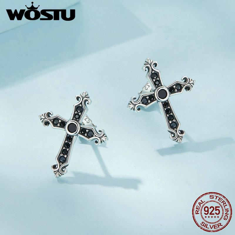WOSTU Винтажные серьги-гвоздики из стерлингового серебра 925 пробы с крестом для женщин, крутые черные серьги-гвоздики с цирконием в стиле панк, модные украшения, подарок на вечеринку