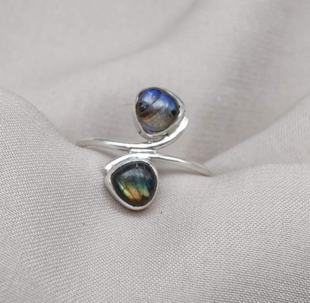 Labradorite Double Stone Ring: 925 Sterling Silver Adjustable Boho Jewelry