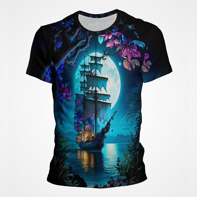Sail Boat Pirate Ship Graphic T Shirts Men 3d Printing Short Sleeve Tee Tops Casual Mens Oversized Streetwear Tshirt Ropa Hombre