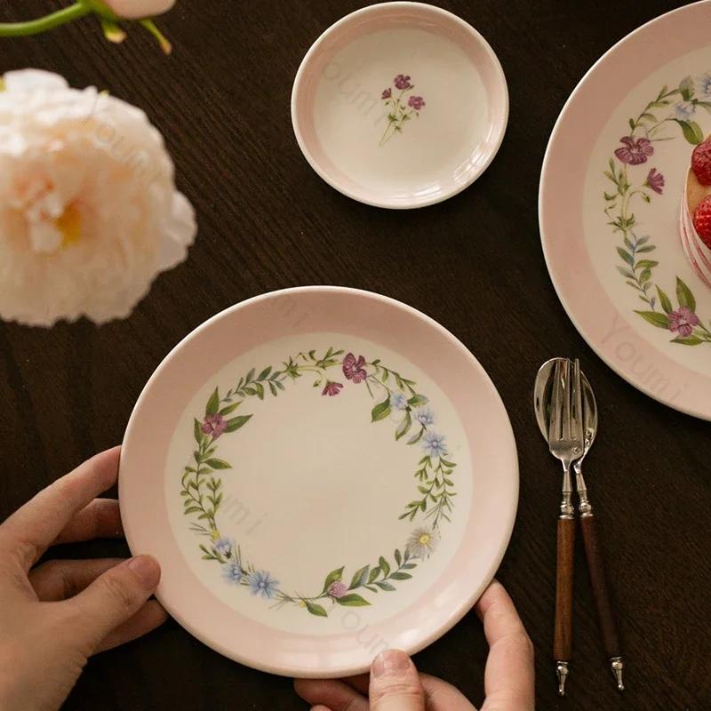 Керамические тарелки с цветами во французском стиле, розовые, в стиле ретро, для десерта, небольшого торта, столовая тарелка, для домашнего чаепития, изысканная столовая посуда