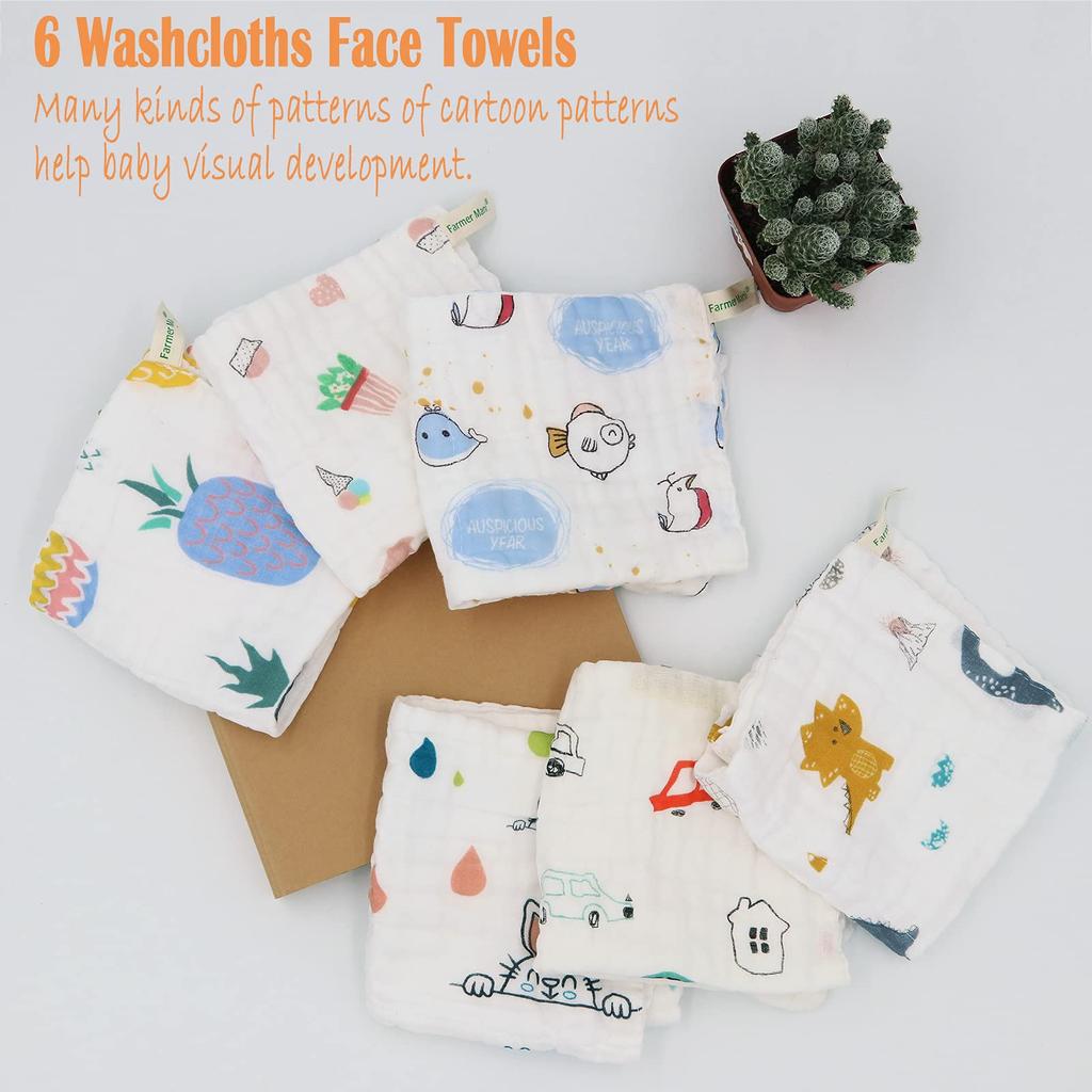 Комплект детских марлевых полотенец из хлопка, 6-слойное детское полотенце 30 х 30 см. Многоразовое полотенце, идеально подходит для людей с чувствительной кожей и младенцев. (6 шт.) 100%
