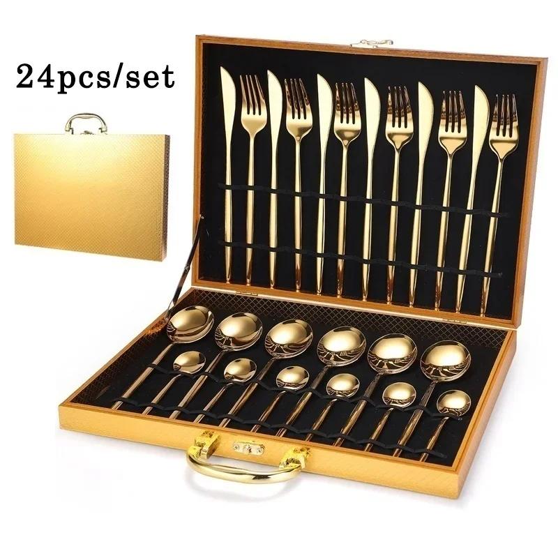 24pcs Dinnerware Set Stainless Steel Tableware Set Luxury Fork Spoon Knife Gold Silver Cutlery Gift Box Kitchen Accessories