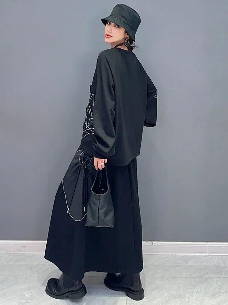 Xitao Свободные складки в стиле пэчворк, комплект из двух предметов, нерегулярная юбка, женский пуловер, топ HQQ1627