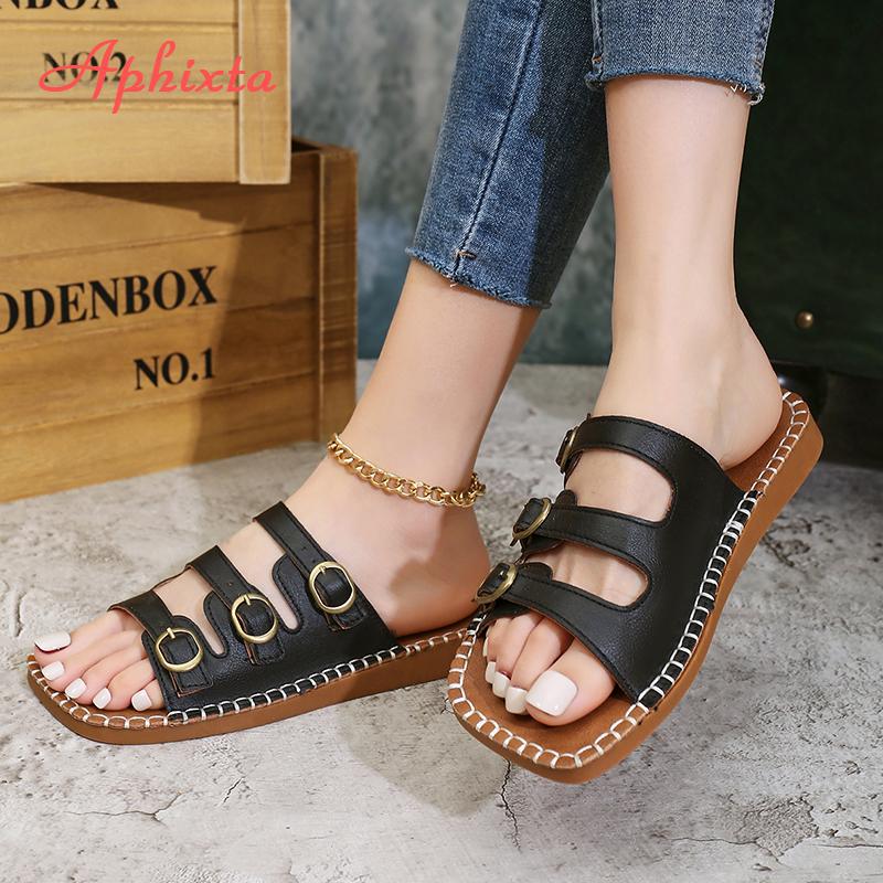 Aphixta Лаконичные летние шлепанцы с перемычками, металлической пряжкой, женские тапочки с квадратным носком, шлепанцы, подошва из ТПР, пляжная обувь, сандалии на плоской подошве