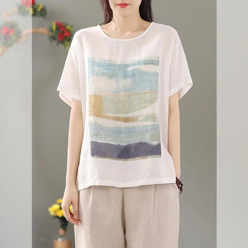 Хлопково-льняная футболка с принтом и круглым вырезом, с коротким рукавом, женская блузка, рубашка, корейская модная женская одежда, топы