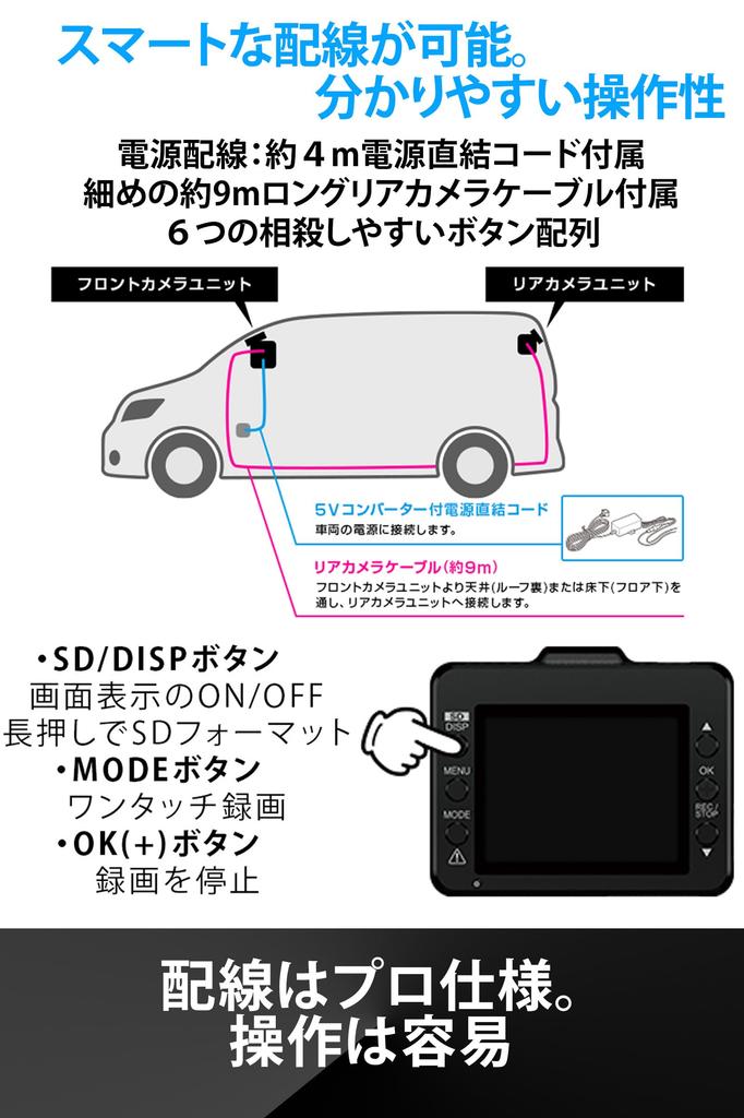 Yupiteru WDT410d Dash Camera, Front and Rear Cameras (2 Cameras), HDR, 1 Megapixel, 720p,