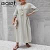 Women's Solid Color Fashion Lantern Sleeve Loose Cotton Linen Pocket Dress