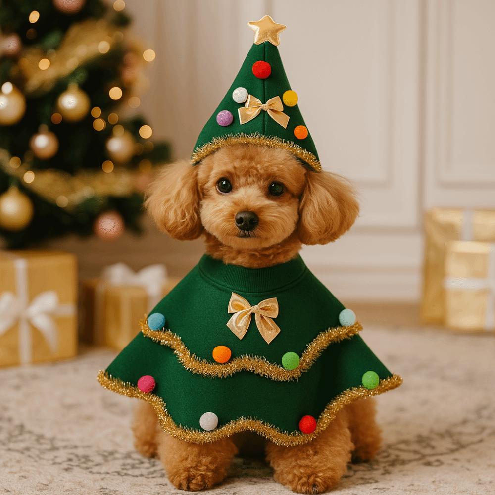 Cartoon Christmas Dog Cape Adjustable Polyester Pet Cloak Unique Christmas Tree Design Pet Christmas Clothing