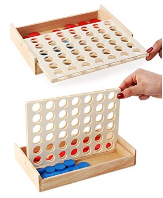 Wooden 4 In a Row Puzzle, 3D, Competitive Board Game, Educational, Brain Training Game Toy