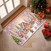 Pink Gingerbread House Doormat Plush Soft Rug, Candy Cane Snowflake Design Machine Washable Door Carpet for Winter Decor