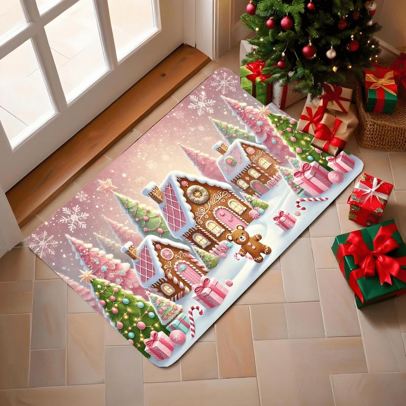 Pink Gingerbread House Doormat Plush Soft Rug, Candy Cane Snowflake Design Machine Washable Door Carpet for Winter Decor