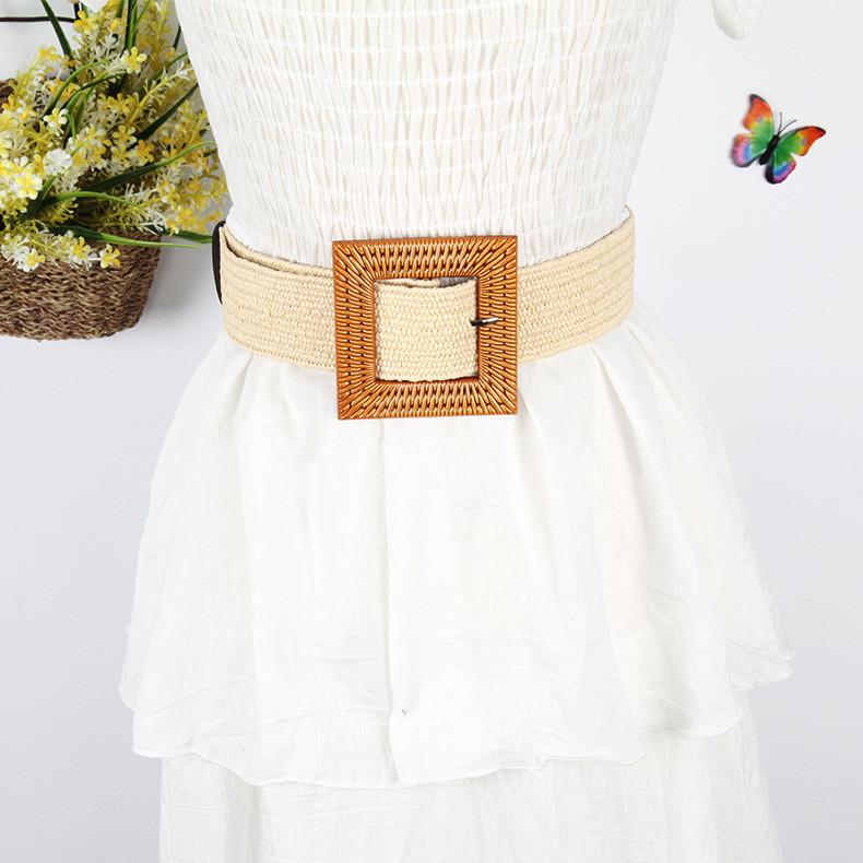 Womens Woven Cotton Linen Waist Belt With Large Round Buckle For Summer Beach Outfits