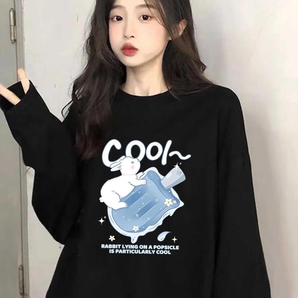 Модная женская футболка с длинным рукавом и круглым вырезом из чистого хлопка - Шикарный мультяшный дизайн, Повседневный свободный крой для весны и осени 2025