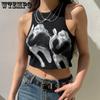 WTEMPO Летние женские укороченные топы с круглым воротником и принтом фигуры, черно-коричневые повседневные короткие жилеты без рукавов для девочек