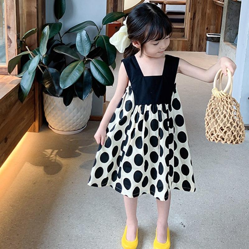 Летнее пышное платье с принтом в горошек для девочек, платье без рукавов для девочек