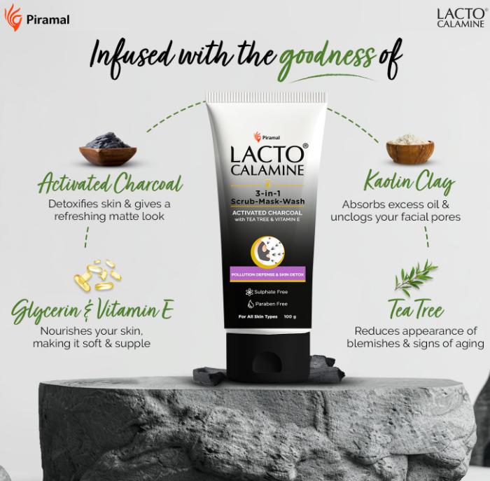 Lacto Calamine 3-в-1 Угольный скраб для лица, уголь для умывания, скраб для лица, маска для лица с каолиновой глиной, маслом чайного дерева и витамином Е 100 г