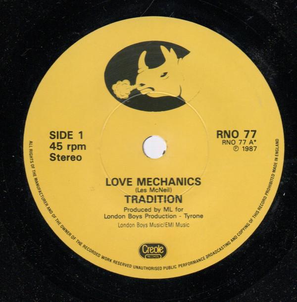 7-дюймовая пластинка TRADITION Love Mechanics RNO77 Rhino Records 1987 Великобритания Регги Ска Даб Б/у