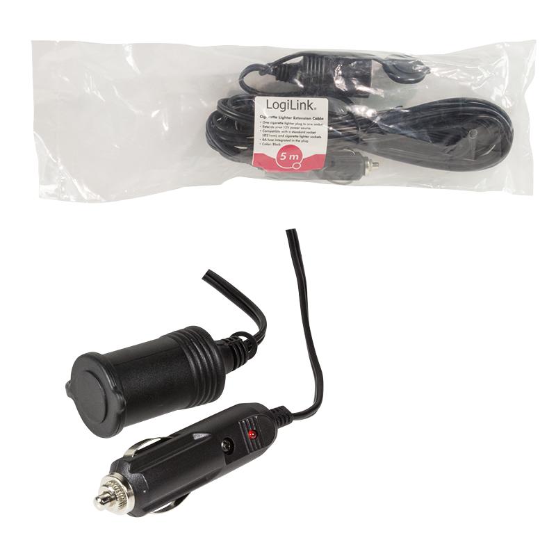 Cigarette Lighter Power Cable Extension Cord 12V 5m M/F, 60W, LogiLink Black