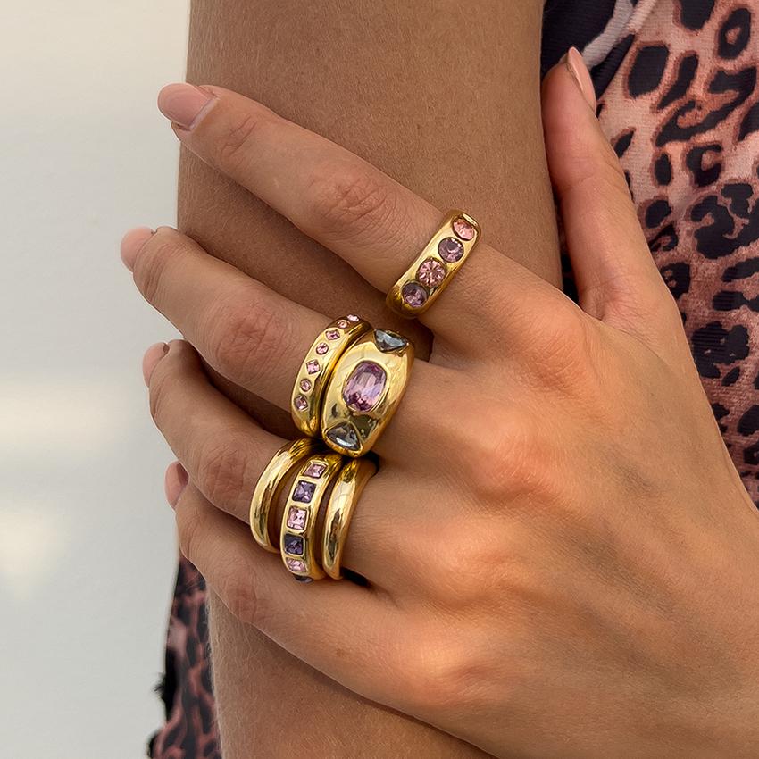 Salircon Exquisite 6Pcs/set Inlaid Purple zircon Adjustable Opening Ring Women Smooth Gold Color Ring Female Daily Jewelry Gift
