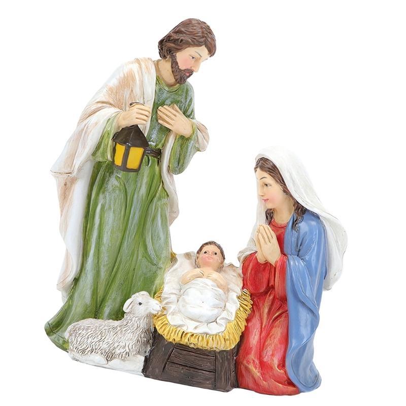 Friendly Resin Nativity Set LED Light Holy Family Three Persons Christmas Decoration for Indoor Festival Ambiances HX6C