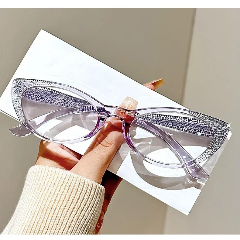 Ретро Маленькая Оправа Кошачий Глаз Очки для Чтения Алмазная Декорация Блокировка Синего Света Очки для Пресбиопии Диоптрии от 0 до +4.0